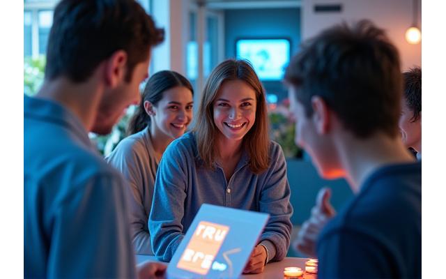 Diverse bir grup bağımsız oyun geliştiricisi, bir atölye veya etkinlikte canlı bir tartışmaya katılıyor, fikirler paylaşıyor ve ağ kuruyor. Arka planda bir whiteboard'da çizimler ve notlar var. Odak noktası işbirliği ve yaratıcılık.