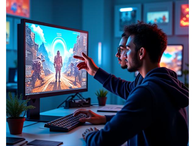 Genç bağımsız oyun geliştiricileri, bir bilgisayar ekranında parlak grafiklerle geleceğin oyununu planlarken. Stüdyolarında modern teknoloji, notlar ve ilham panoları ile çevrili.