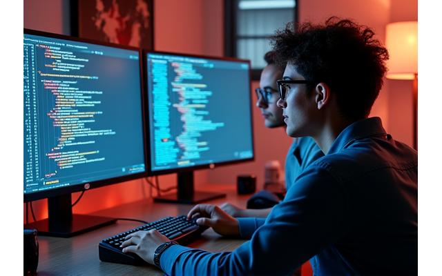 Bir mentor ve genç bir geliştirici, yoğun bir kodlama ortamında birlikte bir ekranı inceliyor. Ekran, kompleks kod dizileri ve 3D modelleme yazılımı gösteriyor. Odak noktası işbirliği ve öğrenme.