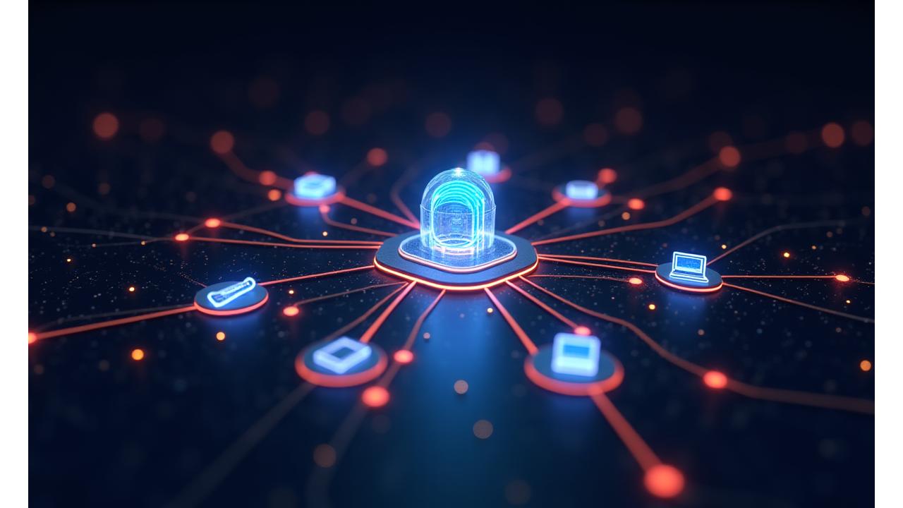 Çoklu cihaz ikonları ile tek bir ana kod tabanını temsil eden, verimli bir yazılım geliştirme sürecini gösteren fütüristik bir infografik veya bağlantı şeması.