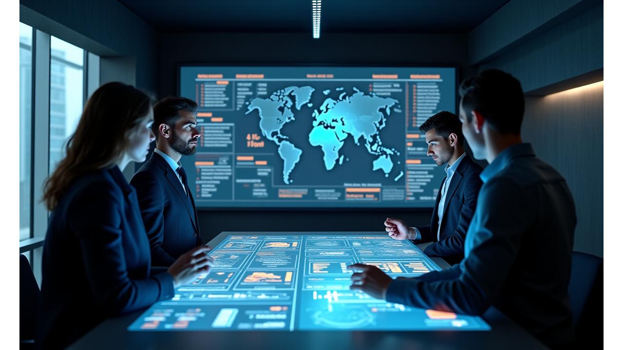 Bir masanın etrafında oturmuş, hologramik ekranlarda platform uyumluluk matrislerini ve veri analizlerini inceleyen üç profesyonel.