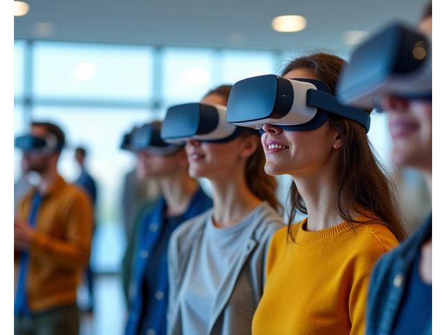 VR gözlüklerle bir ürün tanıtımında etkileşimde bulunan potansiyel müşteriler, sanal showroom deneyimini temsil ediyor.