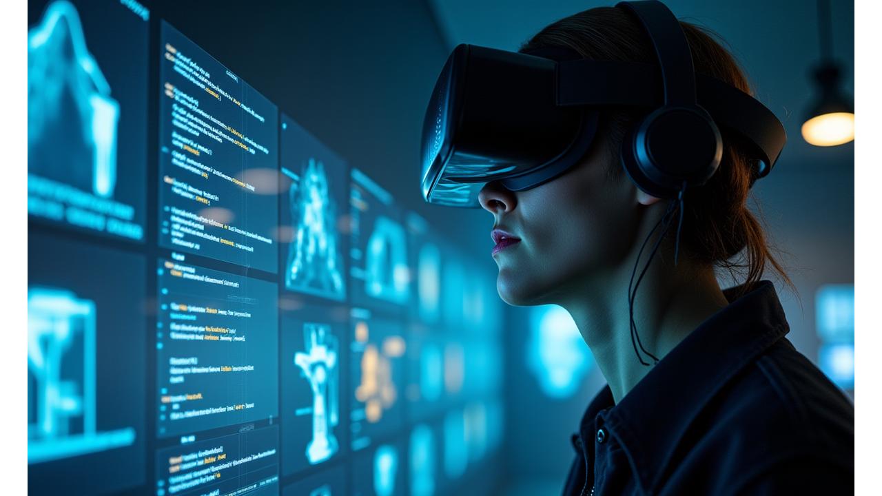 VR gözlüğü takmış bir geliştirici, bilgisayar ekranındaki karmaşık kod ve 3D modelleri inceliyor, yaratım sürecini yansıtıyor.