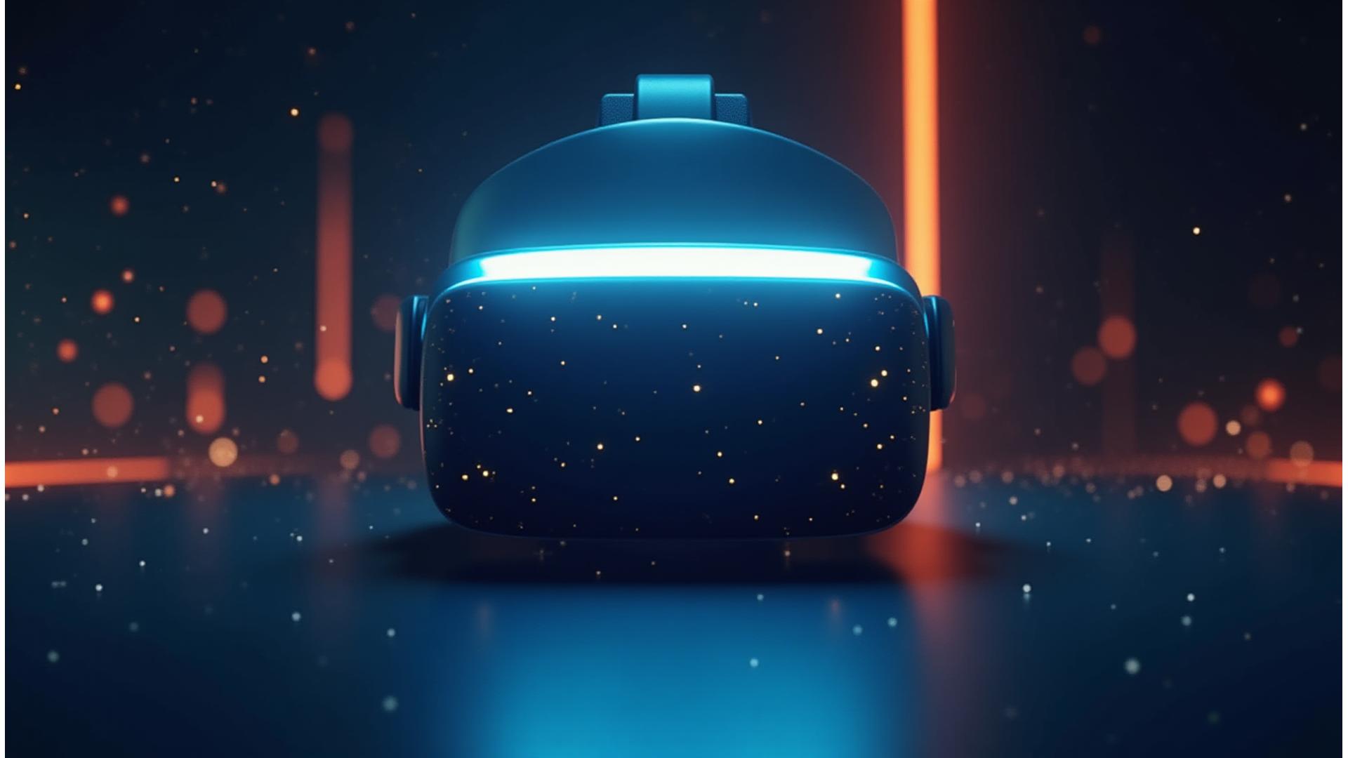 Sanal gerçeklik dünyasında parlayan ışıklar ve soyut verilerle çevrili bir VR başlığı. Yildiz Peak'in yenilikçi VR deneyimlerini temsil ediyor.