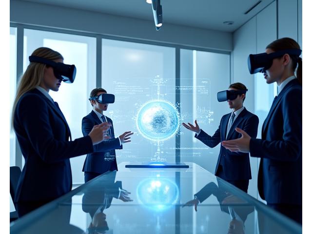 Toplantı odasında VR gözlüklerle etkileşim kuran iş profesyonelleri, kurumsal çözümleri temsil ediyor.