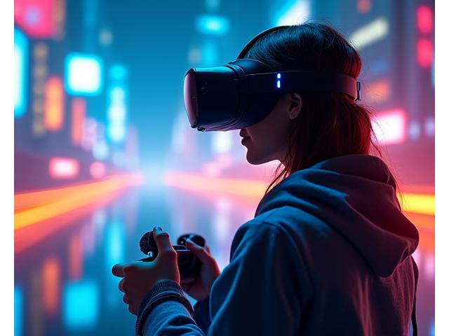 VR gözlük takmış e-spor oyuncusu, hızlı aksiyonu temsil ediyor.