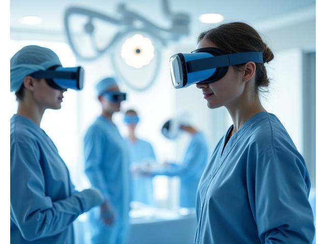 Tıbbi simülasyon ortamında VR kullanan doktorlar, sağlık sektöründeki VR uygulamalarını temsil ediyor.